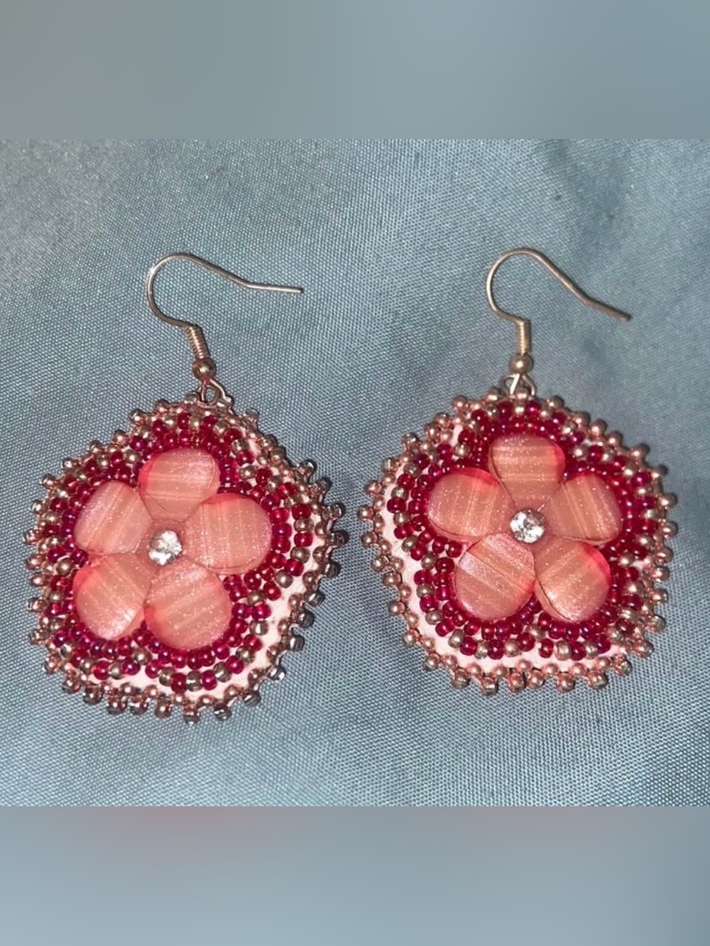 Handmade Pink Flower Beaded Drop Earrings - Unbranded